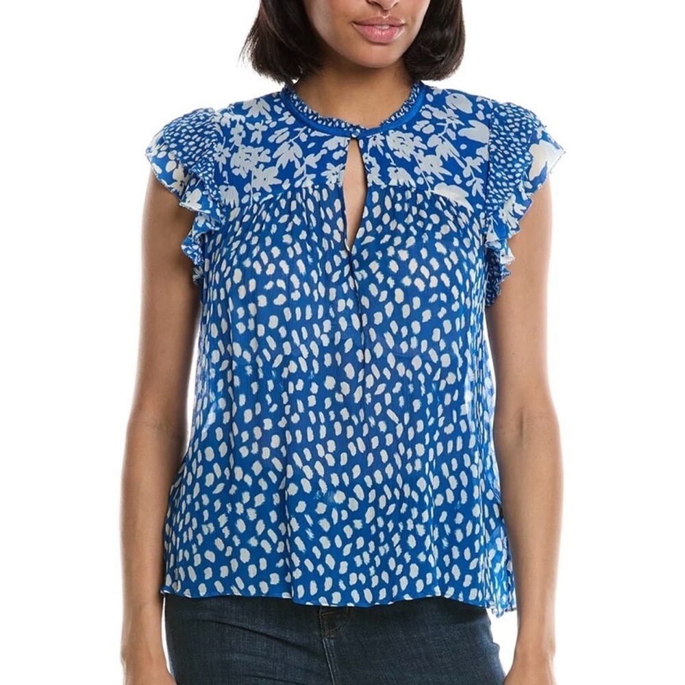 Cupcakes and Cashmere Boho Blouse Blue w/ White Floral Ladies Med NWT